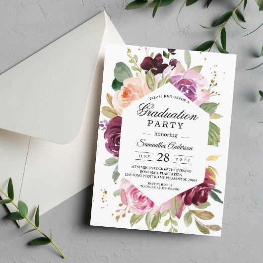 Invitation Moody & Rustic Bourgogne Aquarelle Cadre Floral En