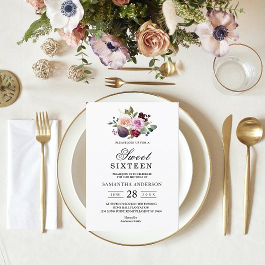 Invitation Moody & Rustic Bourgogne Watercolor Flowers & Berr