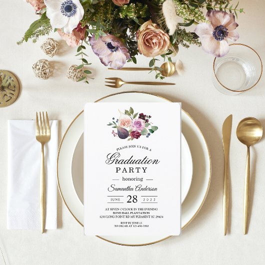 Invitation Moody & Rustic Bourgogne Watercolor Flowers & Berr