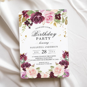 Invitation Moody & Rustic Burgundy Watercolor Fleurs & Leaf