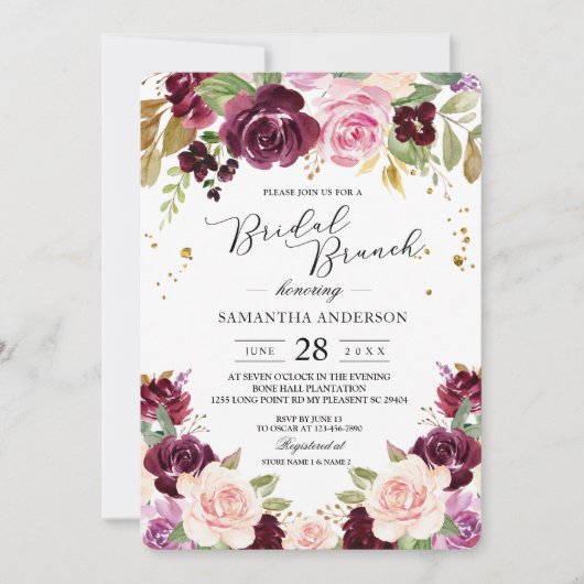 Invitation Moody & Rustic Burgundy Watercolor Fleurs & Leaf (Devant)