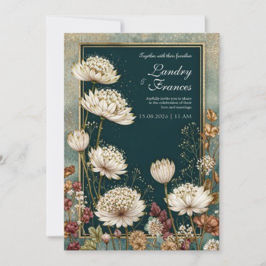 Invitation Moody Teal Gilded Astrantia Wedding (Devant)