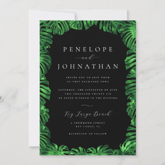 Invitation Moody Tropical Green Monstera Island Mariage (Devant)