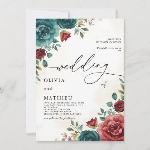 Invitation Moody Turquoise et Burgundy Mariage botanique flor