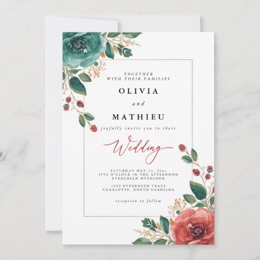 Invitation Moody Turquoise et Red Floral Mariage (Devant)