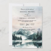 Invitation Moody Watercolor Mountains Pine QR Code Wedding (Devant)