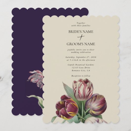Invitation Moody Watercolor Purple Tulips Mariage traditionne (Devant / Derrière)