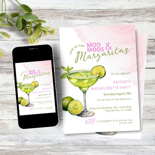 Invitation MooMoos & Margaritas Pink Bachelorette Party