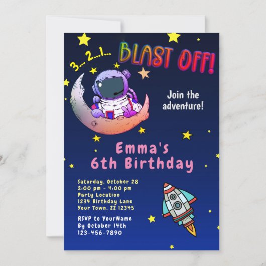 Invitation Moon Adventure (fille) Anniversaire Fête Invitatio (Devant)