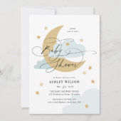 Invitation Moon and Stars Matte Blue Script Baby Shower (Devant)