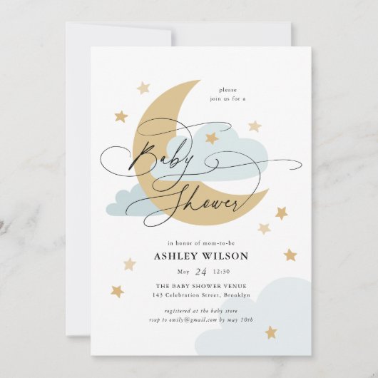 Invitation Moon and Stars Matte Blue Script Baby Shower (Devant)