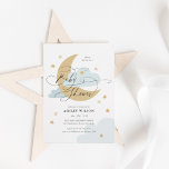 Invitation Moon and Stars Matte Blue Script Baby Shower<br><div class="desc">Un design ludique et élégant, avec un script de calligraphie élégant associé à des étoiles dessinées à la main, des nuages et une lune en croissant aux couleurs chaudes et élégantes. Parfait pour les thèmes de lune et de baby showers d'étoiles comme "sur la lune", "scintiller petite étoile" et "aimé...</div>