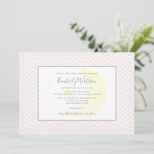 Invitation Moon et Stars Chevron Baby shower | Rose (Debout devant)