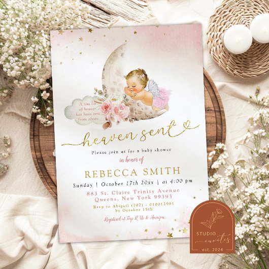 Invitation Moon rose Boho Blonde Girl Angel Baby shower