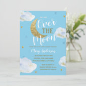 Invitation Moon Sky Blue Powder Baby shower bleu et or (Debout devant)