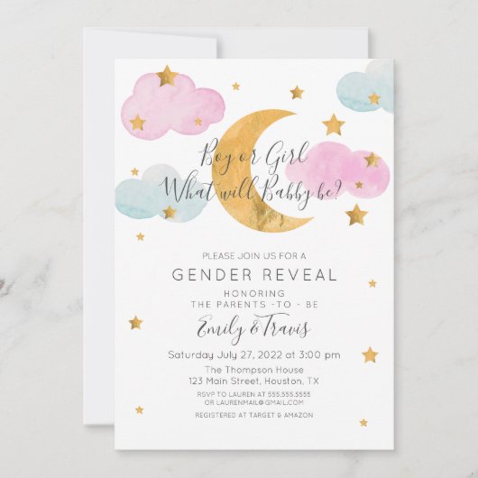 Invitation Moon & Stars theme Gender Reveal Boy or Girl (Devant)
