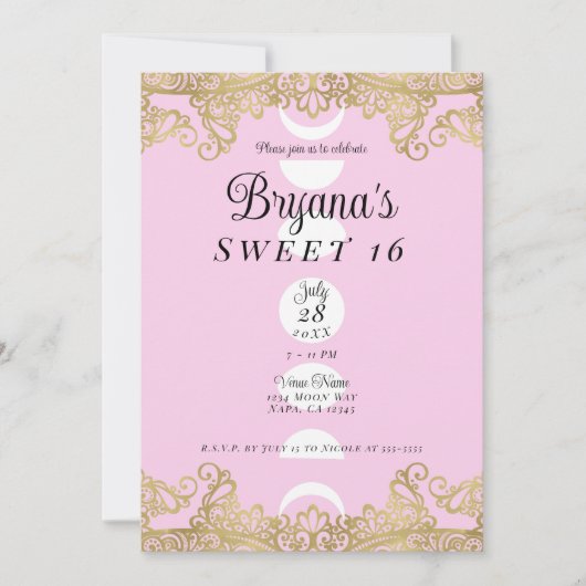 Invitation Moon Temple Rose & Or Ornate Sweet 16 (Devant)