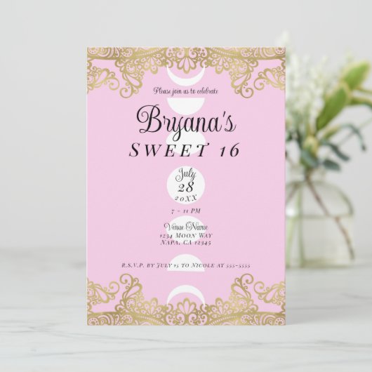 Invitation Moon Temple Rose & Or Ornate Sweet 16 (Debout devant)