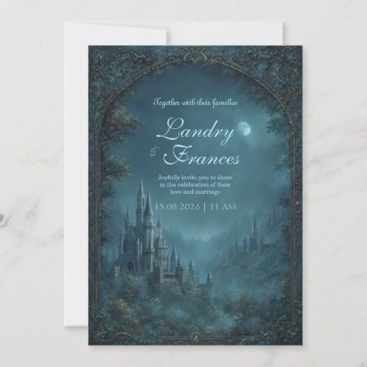 Invitation Moonlit Gothic Teal Fantasy Castle Wedding (Devant)
