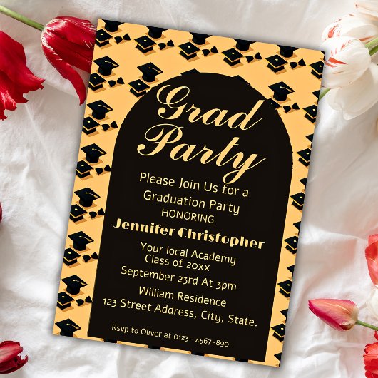 Invitation Mordern Elegant jaune & noir Arc Graduation