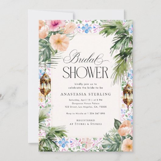 Invitation Moroccan Tile Palm Tree & Hibiscus Bridal Shower  (Devant)