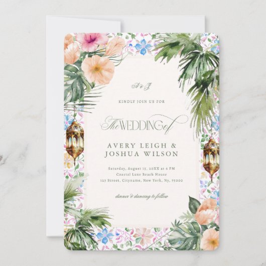 Invitation Moroccan Tile Tropical Hibiscus Wedding (Devant)