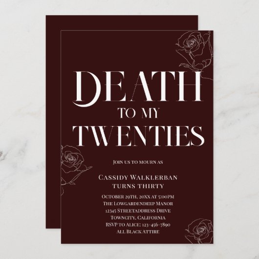 Invitation Mort à mes 20 ans 30e anniversaire (Devant / Derrière)