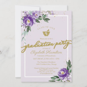 Invitation Mortar Pestle Pharmacy Grad Party Purple Floral