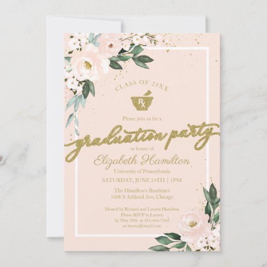 Invitation Mortar Pestle Pharmacy Grad Party rose Floral (Devant)