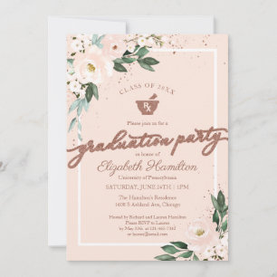 Invitation Mortar Pestle Pharmacy Grad Party rose Floral