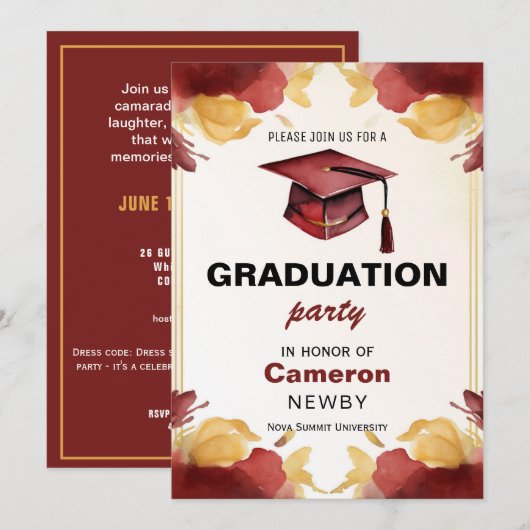 Invitation 🎓 Mortarboard Watercolor Graduation (Devant / Derrière)