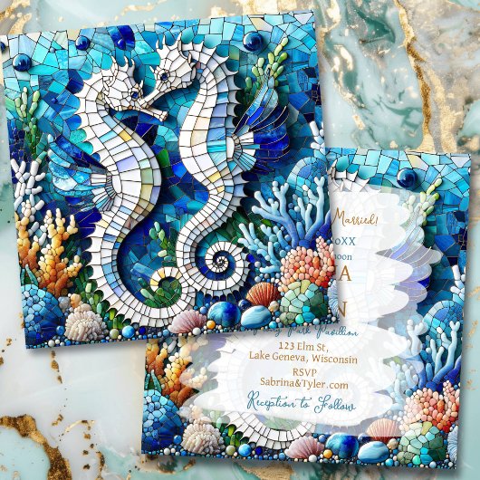 Invitation Mosaic Seahorses Plage romantique