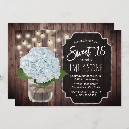 Invitation Mosaïque bleu rustique Hydrangée Fleur Mason Jar S (Devant / Derrière)