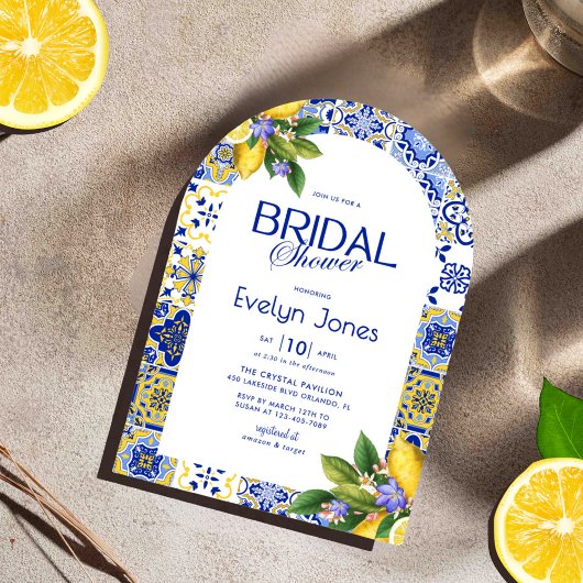 Invitation Mosaïque italienne Carrelage bleu Citrons Arch Fêt