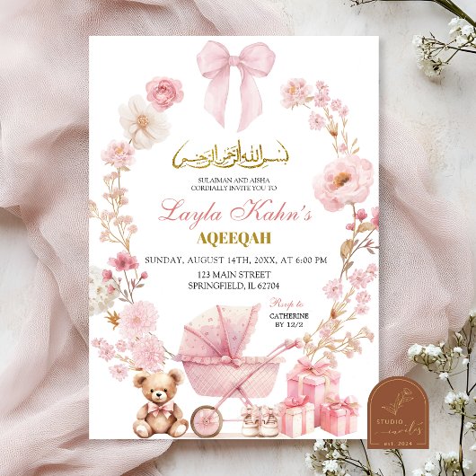 Invitation Moslem Pink Bow Coquette Baby shower de transport 