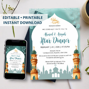 Invitation Mosquée à l'aquarelle Mint Teal & Or Ramadan Iftar