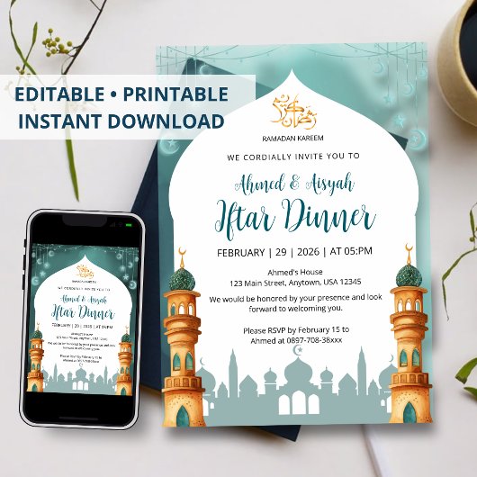 Invitation Mosquée à l'aquarelle Mint Teal & Or Ramadan Iftar