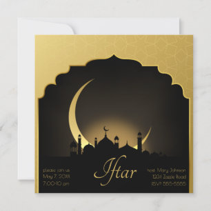 Invitation Mosquée Croissant Lune Ramadan, or, noir