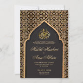 Invitation Mosquée d'or Géométrique Noir musulman Mariage mus (Devant)
