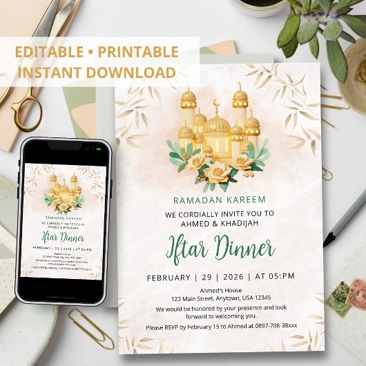 Invitation Mosquée dorée 3D et dîner Iftar de Ramadan floral
