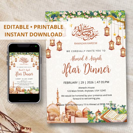 Invitation Mosquée florale & Lanternes Dîner Iftar Ramadan