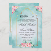 Invitation Mosquée Florale Or Bleu mariage musulman islamique (Devant / Derrière)