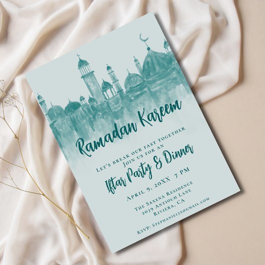 Invitation Mosquée verte turquoise Ramadan Iftar Dîner