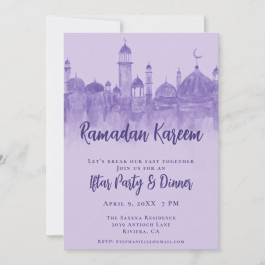 Invitation Mosquée violette Ramadan Iftar Dîner (Devant)