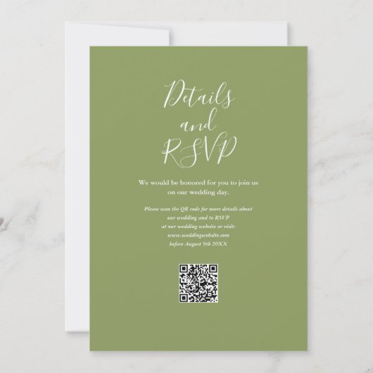 Invitation Moss Green Elegant moderne QR Code Mariage (Dos)