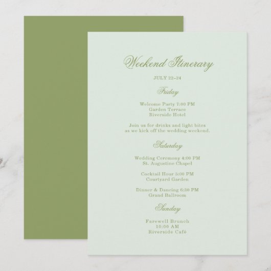 Invitation Moss Green Estate Wedding Itinerary Card (Devant / Derrière)