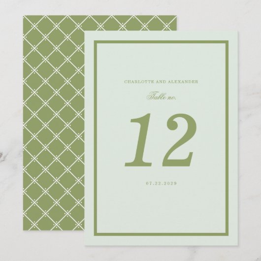 Invitation Moss Green Estate Wedding Table Number Card (Devant / Derrière)