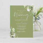 Invitation Moss Green Floral Greenery QR Code Mariage (Debout devant)