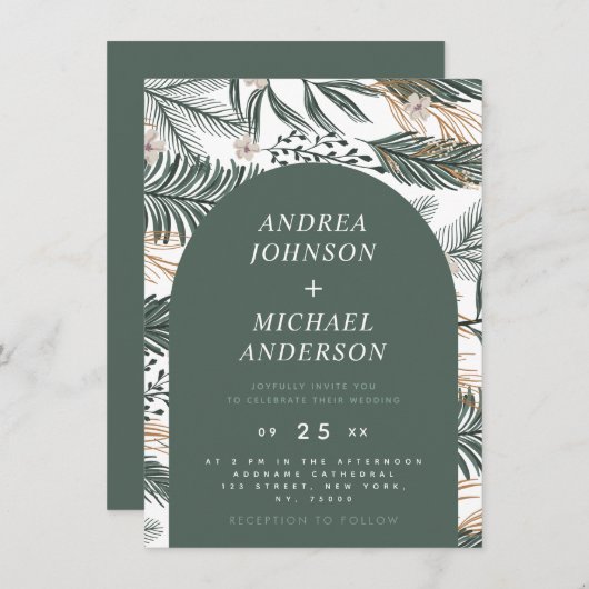 Invitation Moss Green Forêt Aiguilles & Fleurs d'arc (Devant / Derrière)