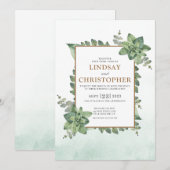 Invitation Moss Green Gold Aquarelle Mariage de trame Succule (Devant / Derrière)